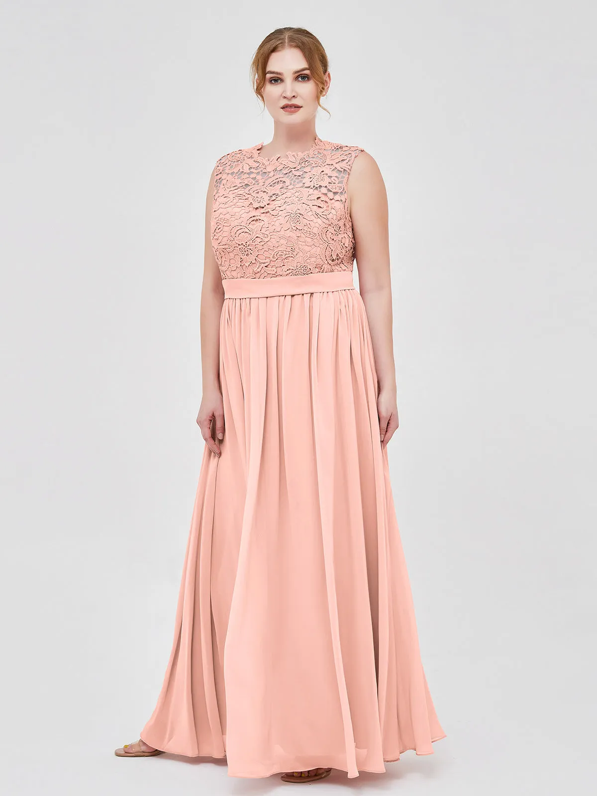 Illusion Neck Chiffon and Lace Dresses Coral