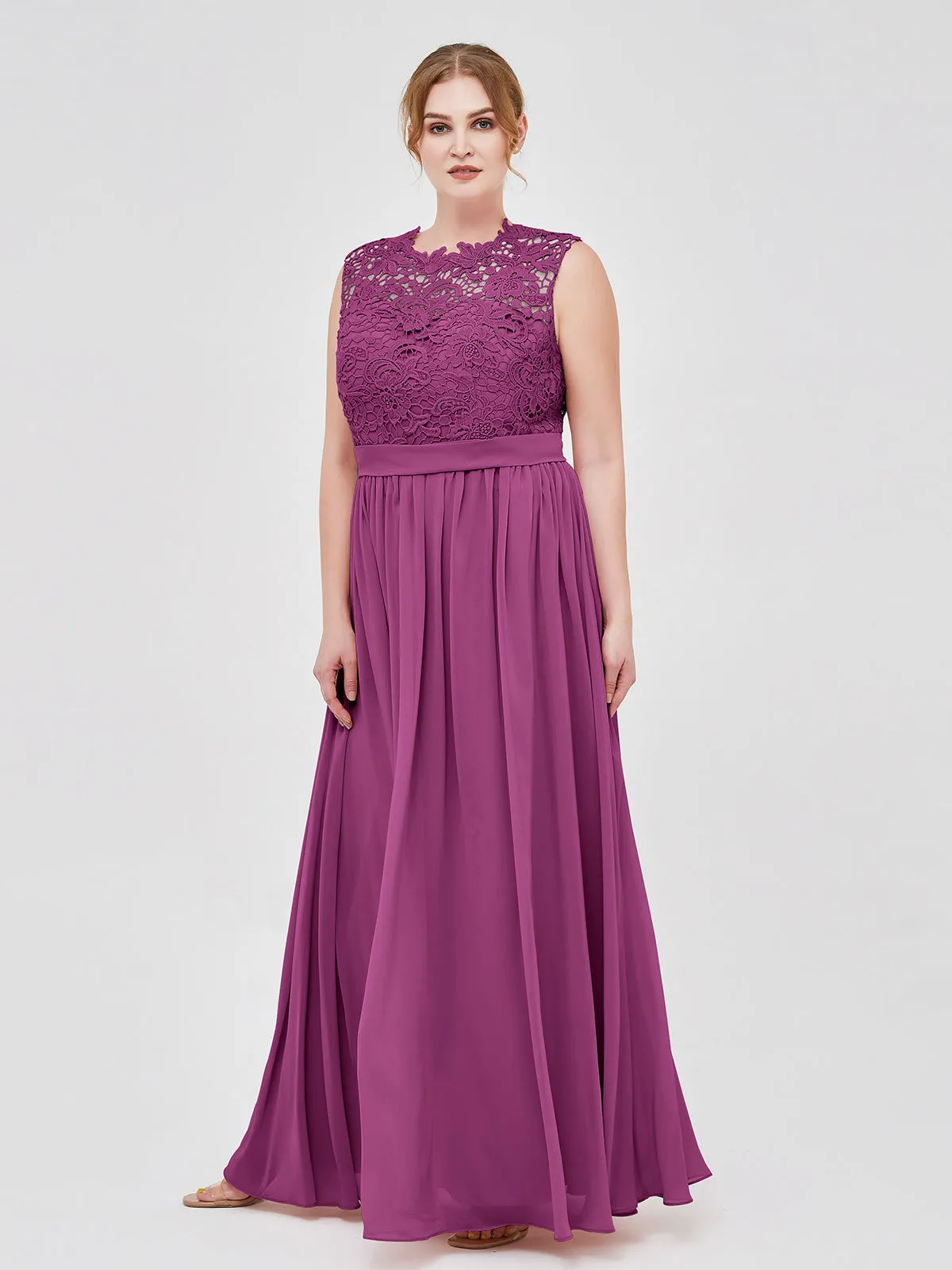 Illusion Neck Chiffon and Lace Dresses Orchid