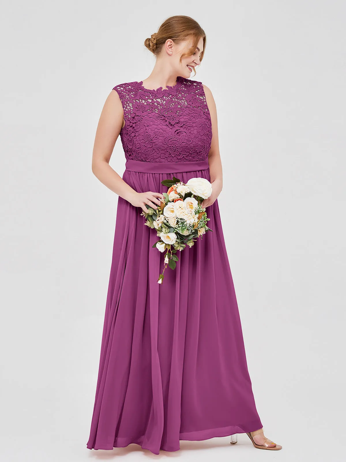 Illusion Neck Chiffon and Lace Dresses Orchid