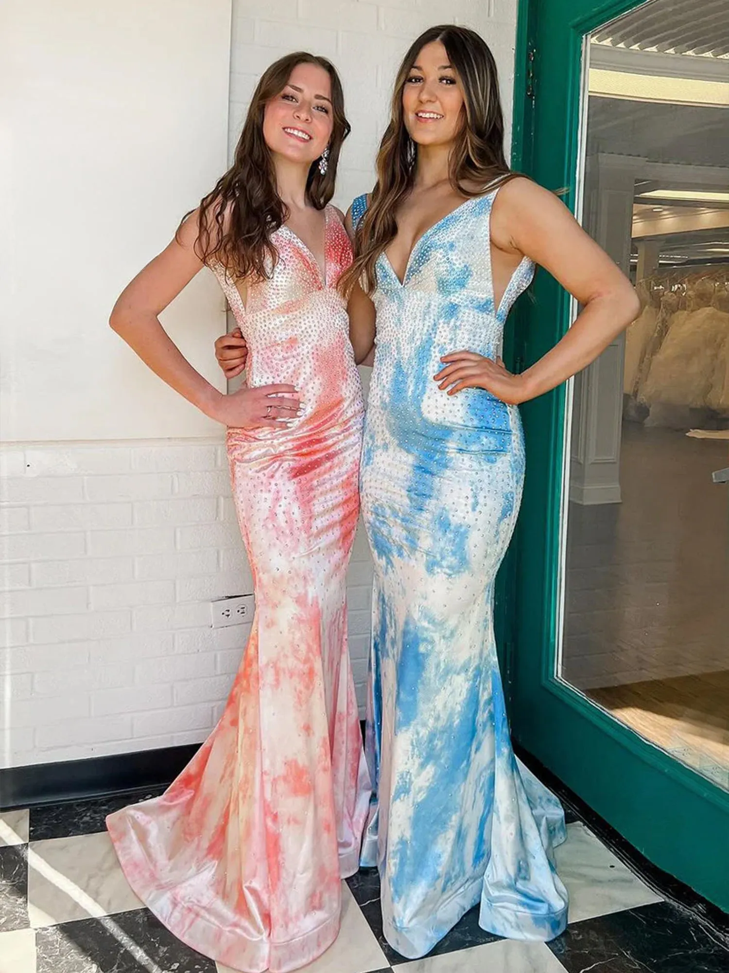 Ismay | Mermaid V Neck Satin Long Prom Dresses with Beading