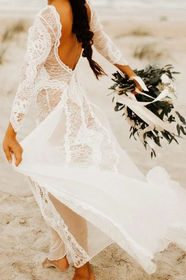 Ivory Lace Boho A-line Long Sleeves Backless Beach Wedding Dresses, SW438