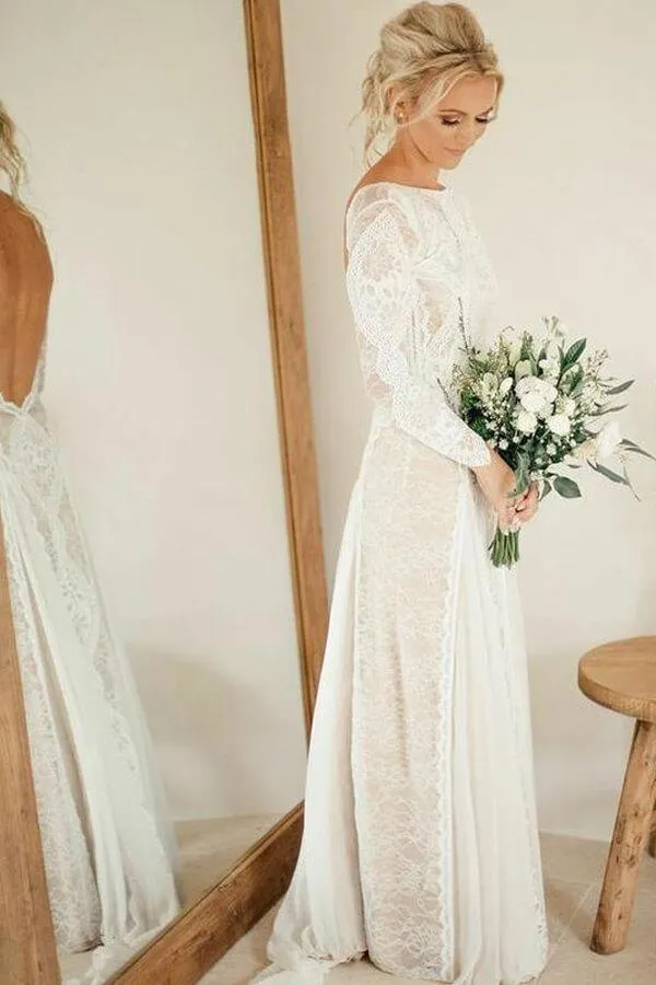 Ivory Lace Boho A-line Long Sleeves Backless Beach Wedding Dresses, SW438