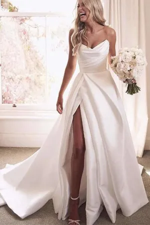 Ivory Satin A-line Sweetheart Thigh Slit Wedding Dresses With Court train, SW473