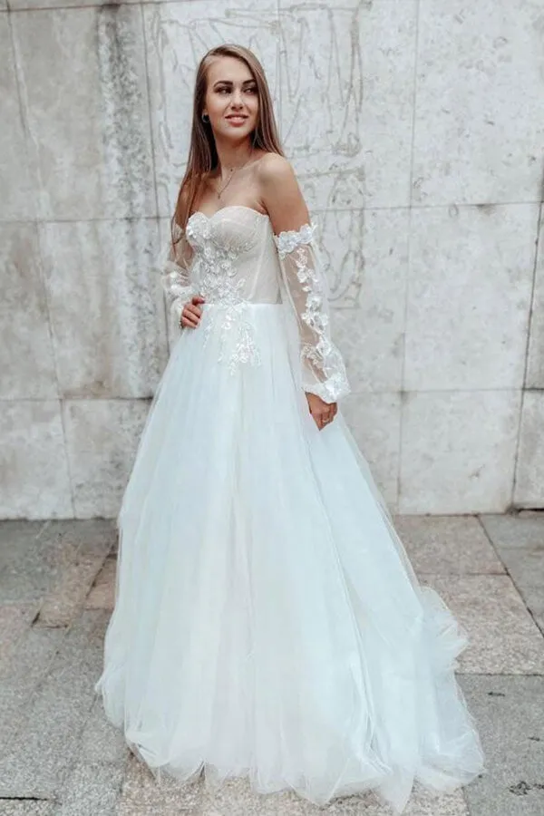 Ivory Tulle A-line Lace Sweetheart Detachable Sleeves Wedding Dresses, SW472