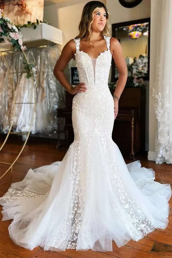 Ivory Tulle Mermaid V-neck Off Shoulder Court Train Wedding Dresses, SW682