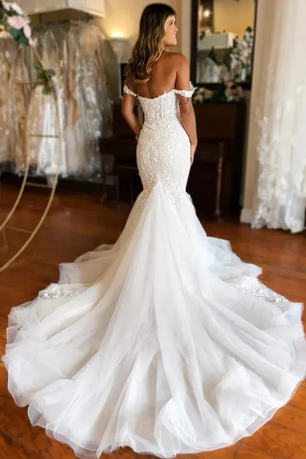 Ivory Tulle Mermaid V-neck Off Shoulder Court Train Wedding Dresses, SW682