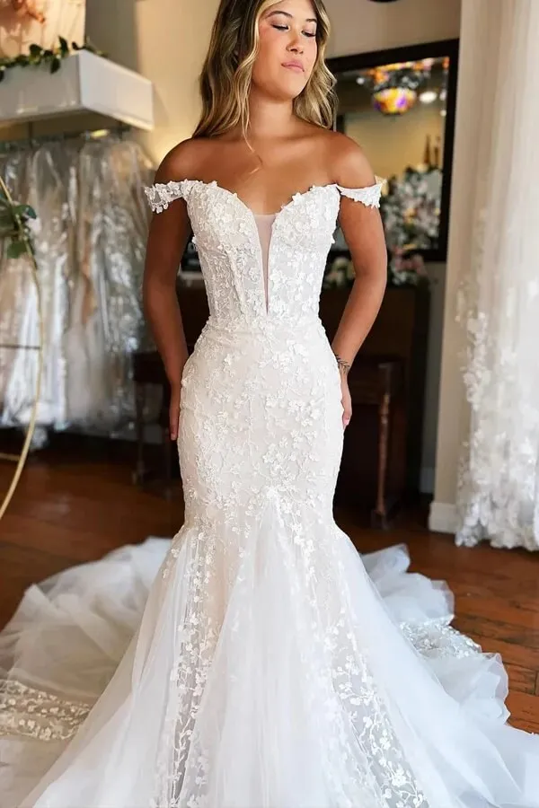 Ivory Tulle Mermaid V-neck Off Shoulder Court Train Wedding Dresses, SW682