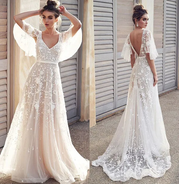 Ivory V-neck Beach Wedding Dresses with Lace Appliques, Bridal Dresses, SW407