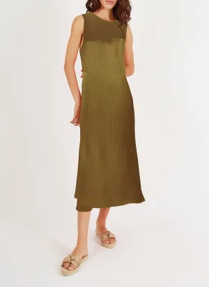 Jaded Thoughts Metallic Dress with Elastic Waist in Olive