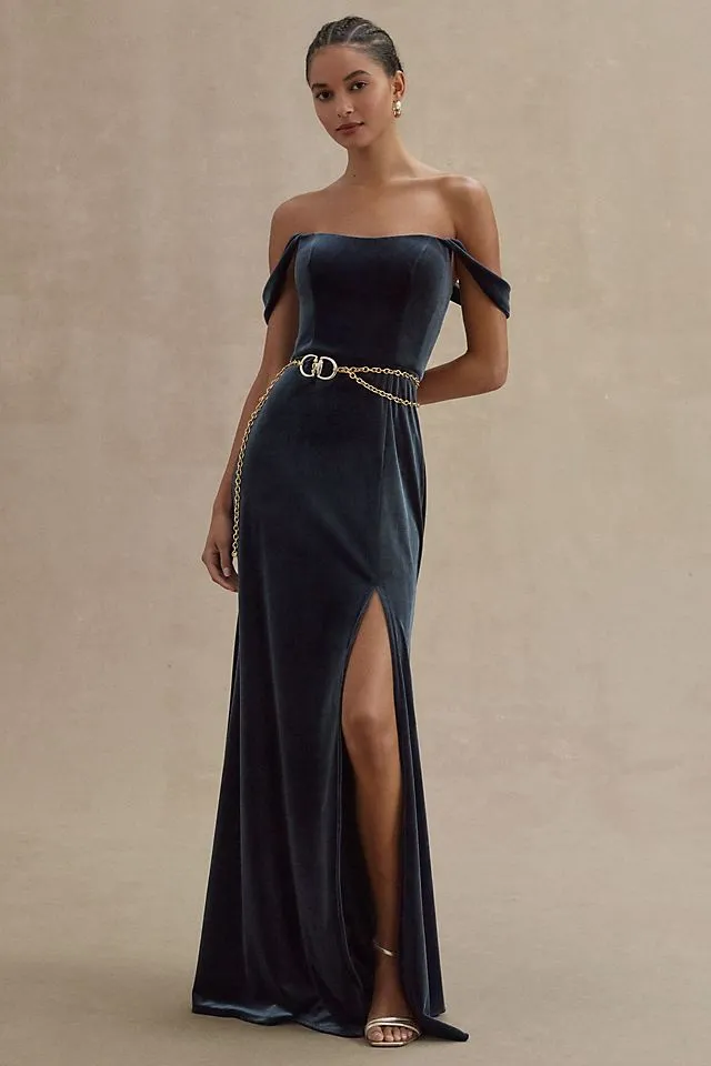 Jenny Yoo Issa Off Shoulder Velvet Column Dress French Blue