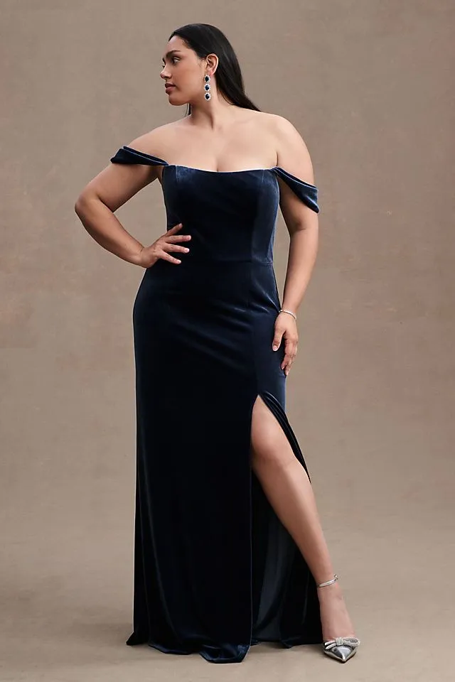 Jenny Yoo Issa Off Shoulder Velvet Column Dress French Blue