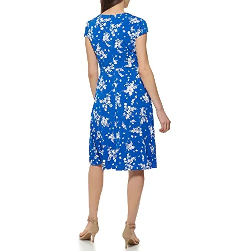 Jessica Howard Women's Printed Knit Jersey Fit & Flare Cap Sleevee-Desk to Dinner, Royal, 24 Plus