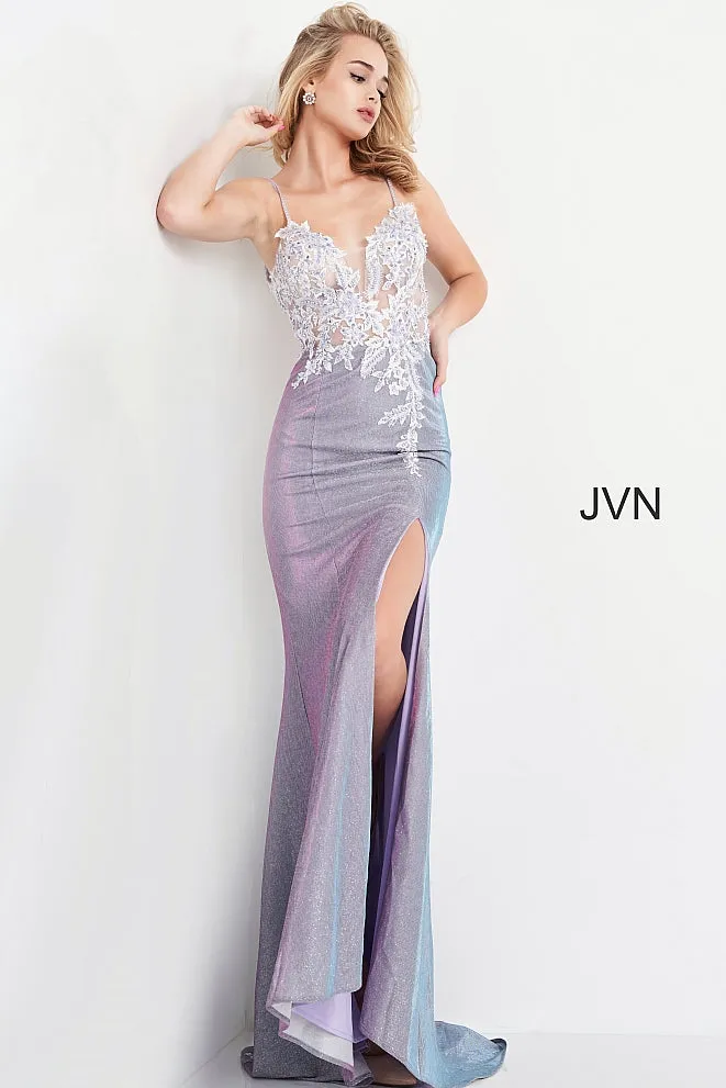 Jovani JVN06454 Lilac Prom Dress Long Fitted Sheer Lilac Shimmering Floral Lace Slit Size 00