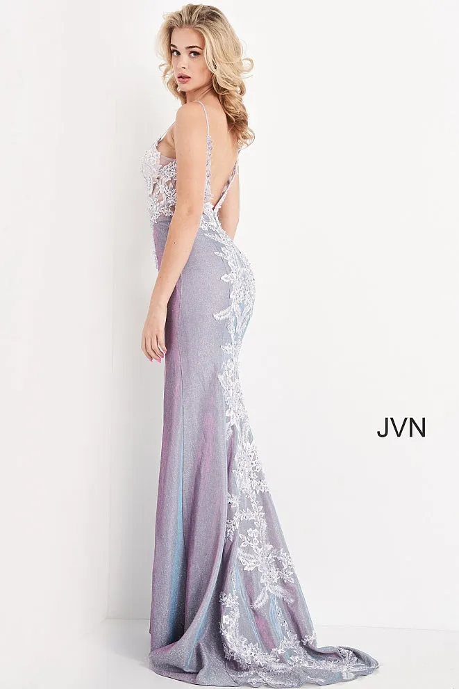 Jovani JVN06454 Lilac Prom Dress Long Fitted Sheer Lilac Shimmering Floral Lace Slit Size 00