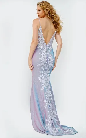 Jovani JVN06454 Lilac Prom Dress Long Fitted Sheer Lilac Shimmering Floral Lace Slit Size 00