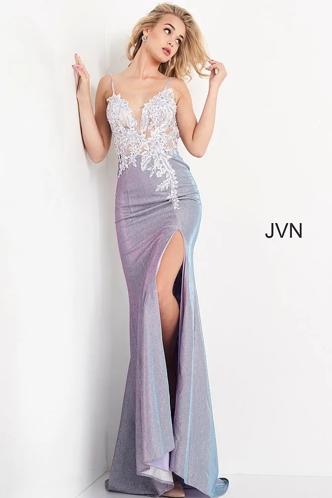 Jovani JVN06454 Lilac Prom Dress Long Fitted Sheer Lilac Shimmering Floral Lace Slit Size 00