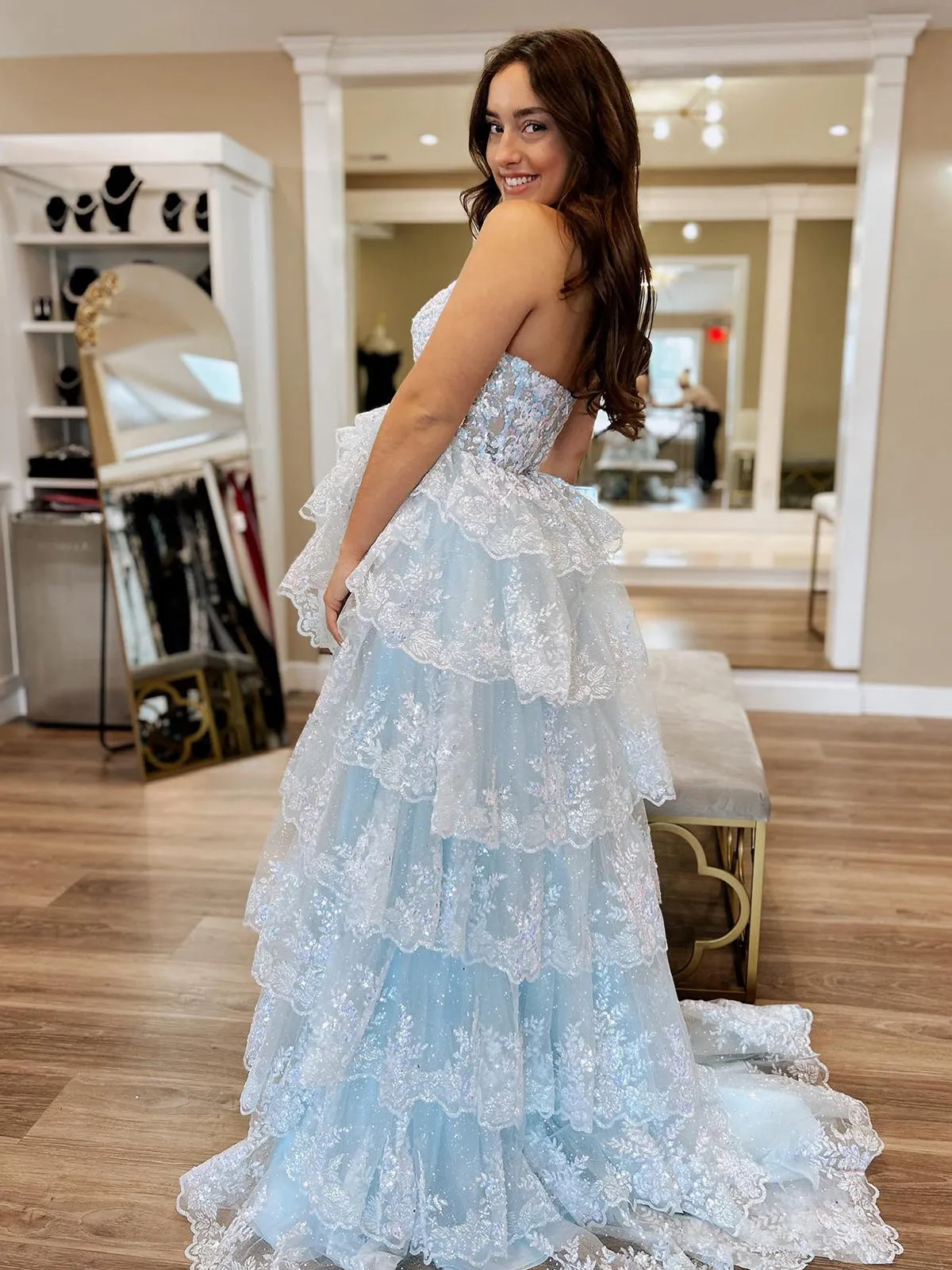 Kaisa | Sky Blue A Line Strapless Ruffle Sequin Lace Prom Dresses