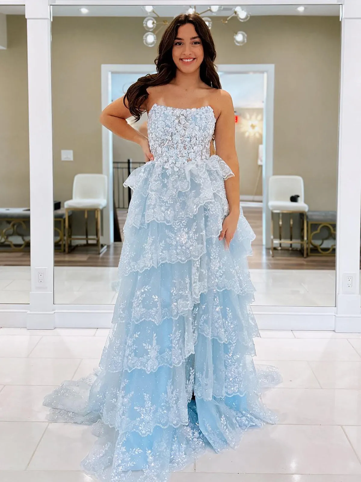 Kaisa | Sky Blue A Line Strapless Ruffle Sequin Lace Prom Dresses