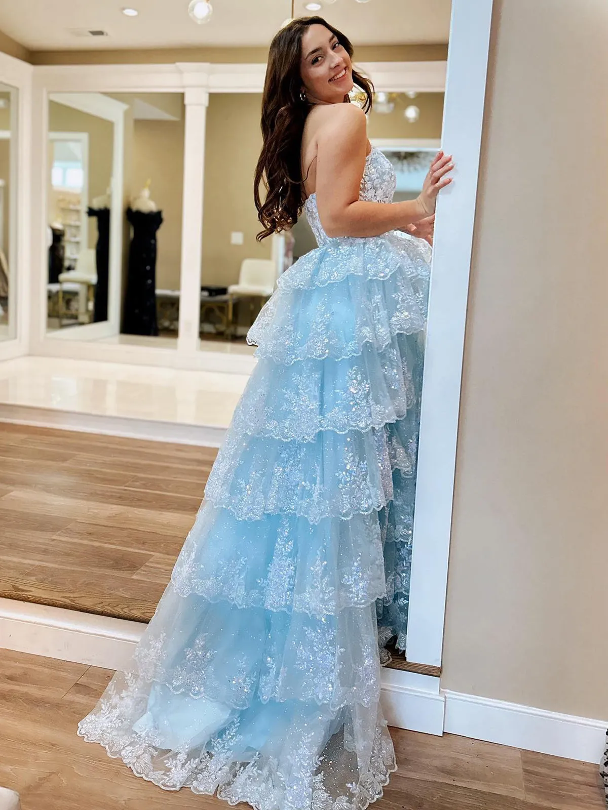 Kaisa | Sky Blue A Line Strapless Ruffle Sequin Lace Prom Dresses