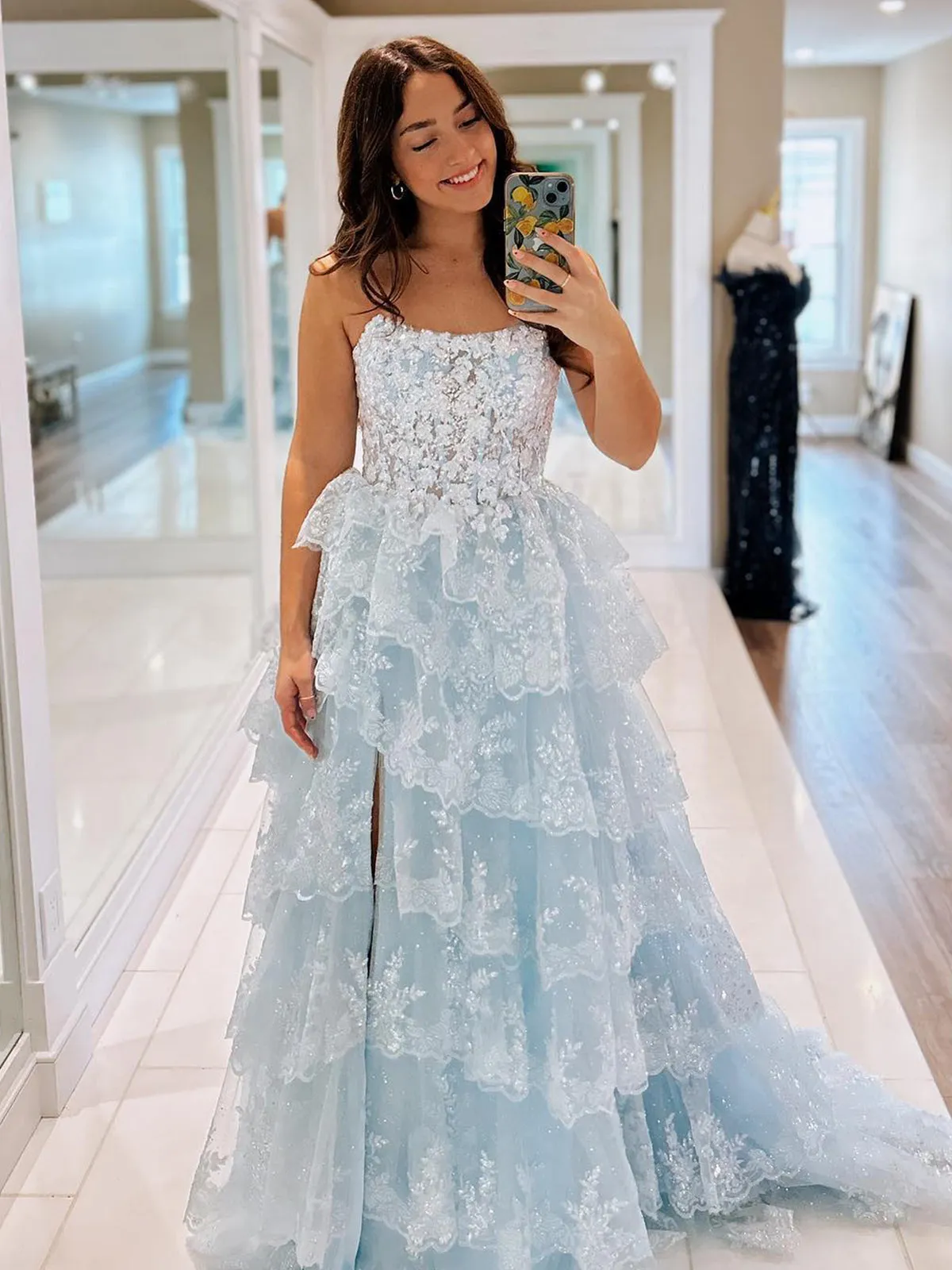 Kaisa | Sky Blue A Line Strapless Ruffle Sequin Lace Prom Dresses