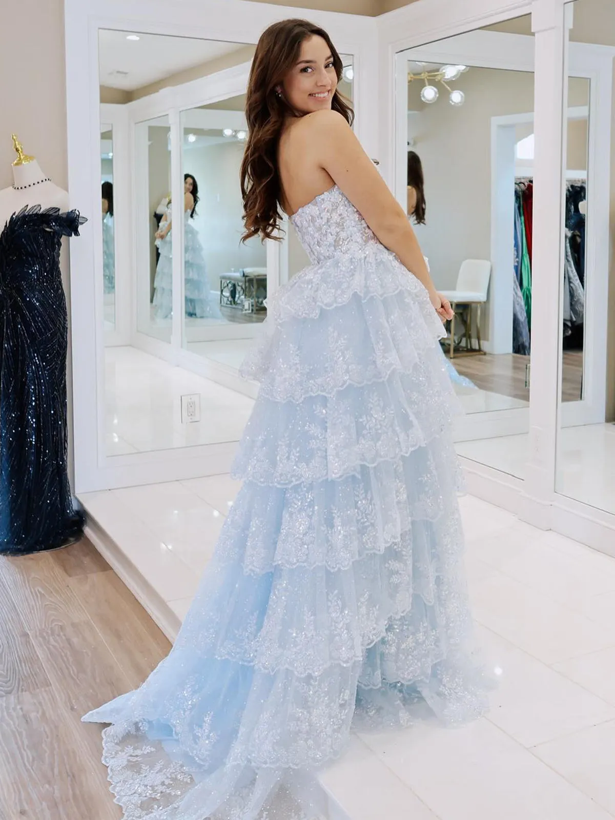 Kaisa | Sky Blue A Line Strapless Ruffle Sequin Lace Prom Dresses