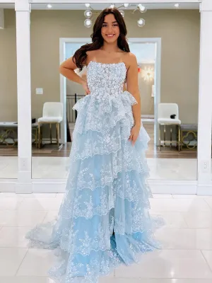 Kaisa | Sky Blue A Line Strapless Ruffle Sequin Lace Prom Dresses