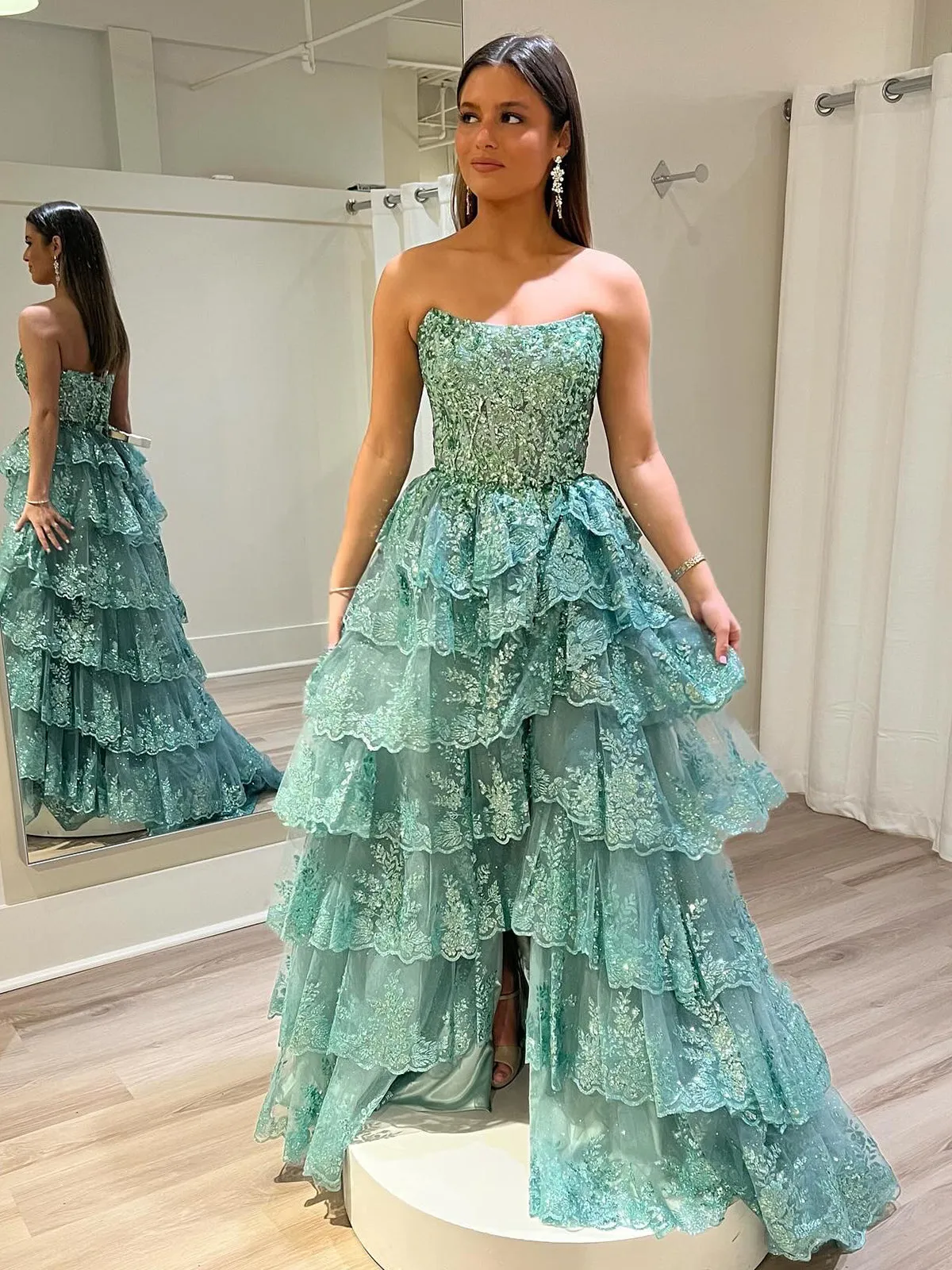 Kaisa | Sky Blue A Line Strapless Ruffle Sequin Lace Prom Dresses