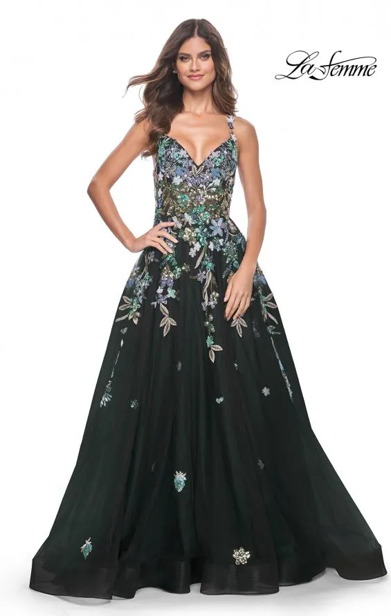 La Femme 32023 Multi Sequin Floral Tulle Gown