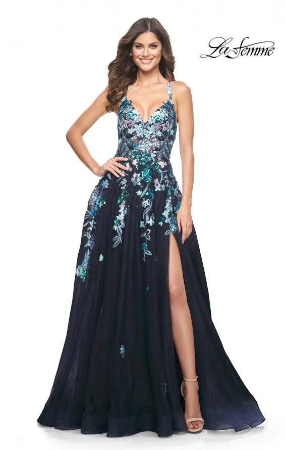 La Femme 32023 Multi Sequin Floral Tulle Gown