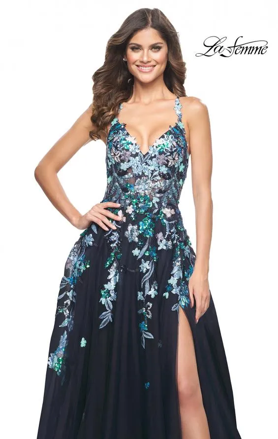 La Femme 32023 Multi Sequin Floral Tulle Gown