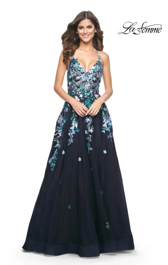 La Femme 32023 Multi Sequin Floral Tulle Gown