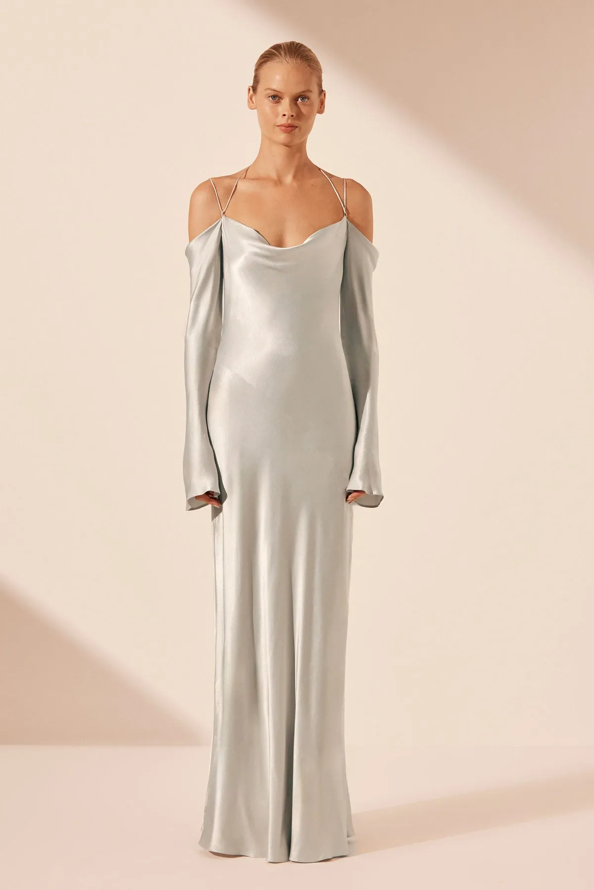 LA LUNE OFF SHOULDER TIE MAXI DRESS - SILVER