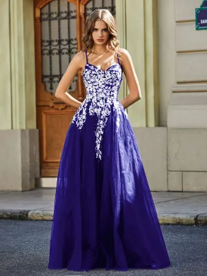 Lace Applique Open Back Long Tulle Gown Royal Blue