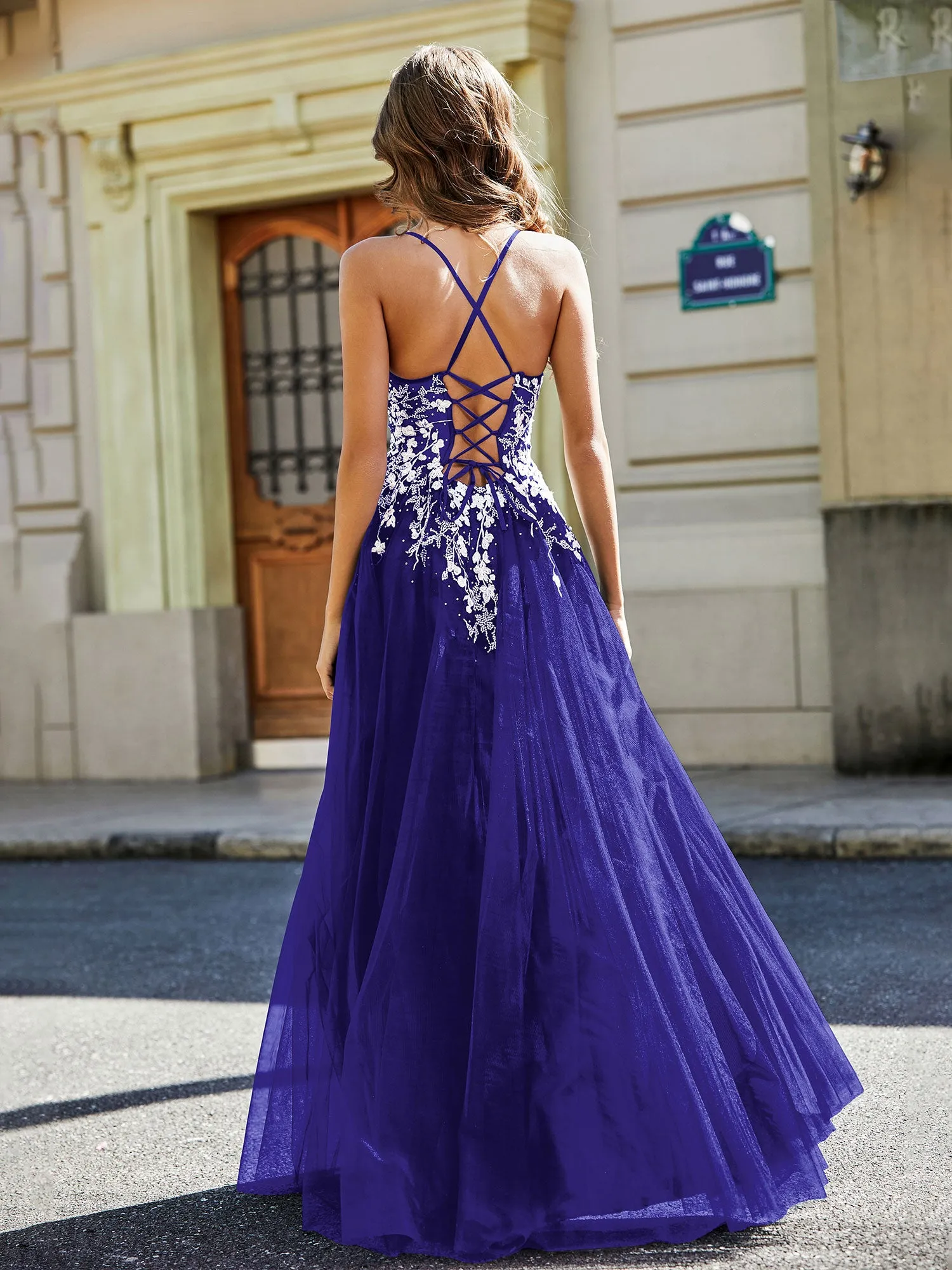 Lace Applique Open Back Long Tulle Gown Royal Blue