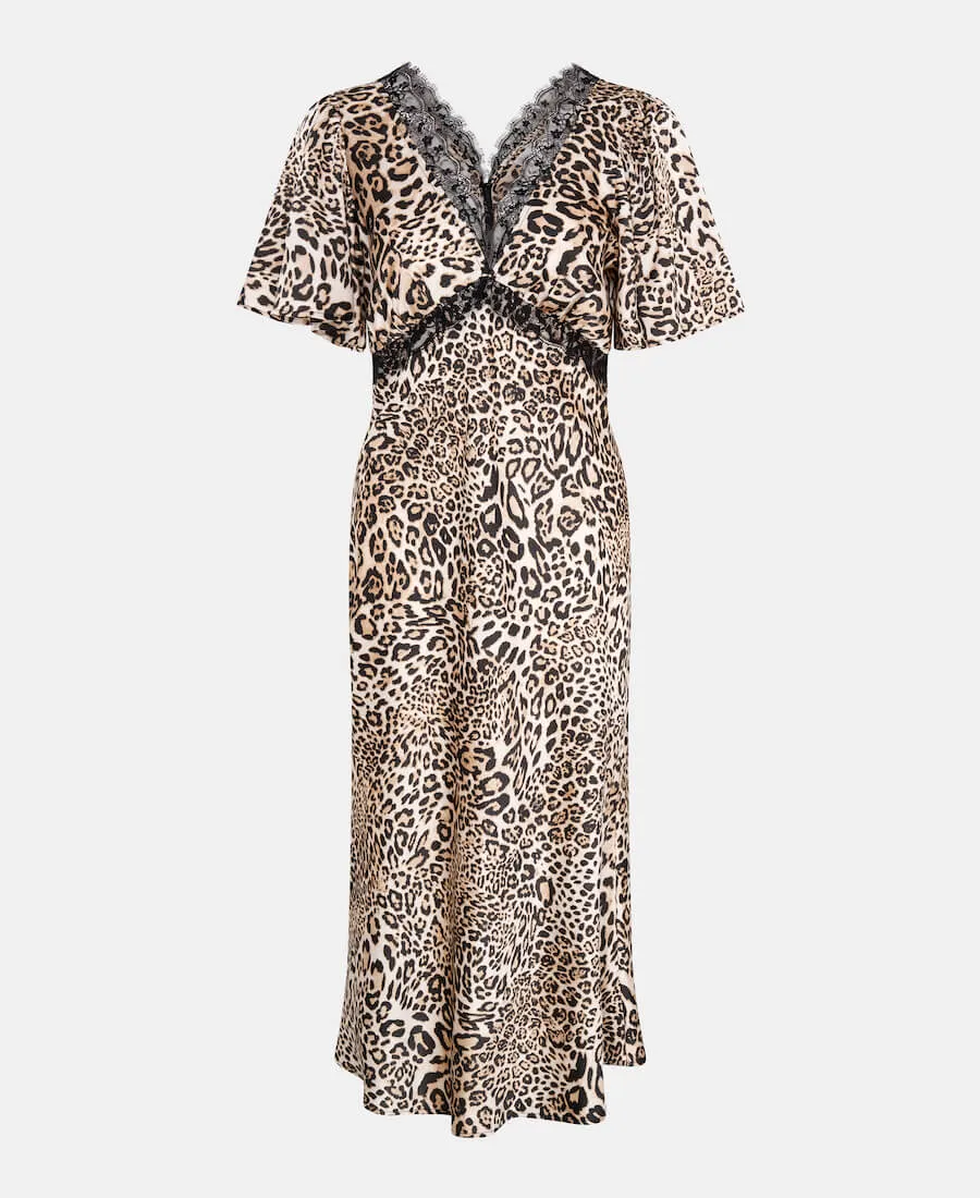 Leopard Printed Lace Insert Midi Dress