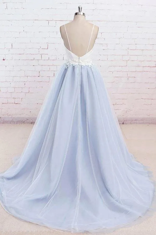 Light Blue Tulle Simple Spaghetti Straps Sweep Train Backless Prom Dress, SP631