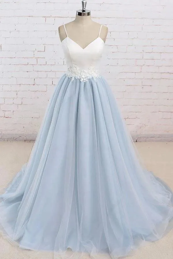 Light Blue Tulle Simple Spaghetti Straps Sweep Train Backless Prom Dress, SP631