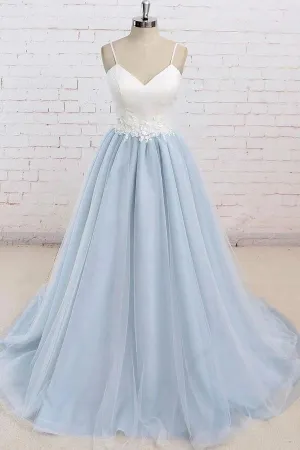 Light Blue Tulle Simple Spaghetti Straps Sweep Train Backless Prom Dress, SP631