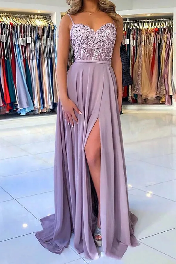 Lilac Chiffon A-line Spaghetti Straps Long Prom Dresses, Evening Gown, SP795