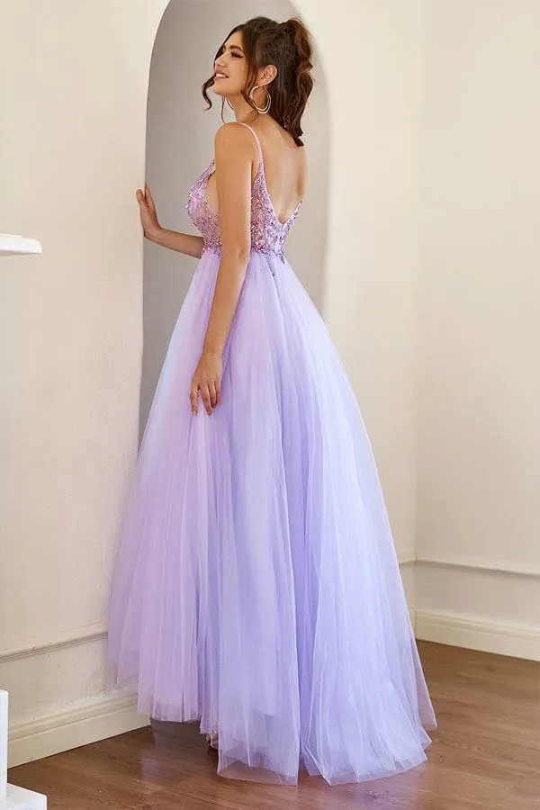 Lilac Tulle A-line Long Prom Dresses With Beading, Long Formal Dresses, SP849