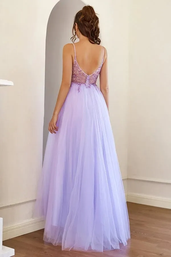 Lilac Tulle A-line Long Prom Dresses With Beading, Long Formal Dresses, SP849