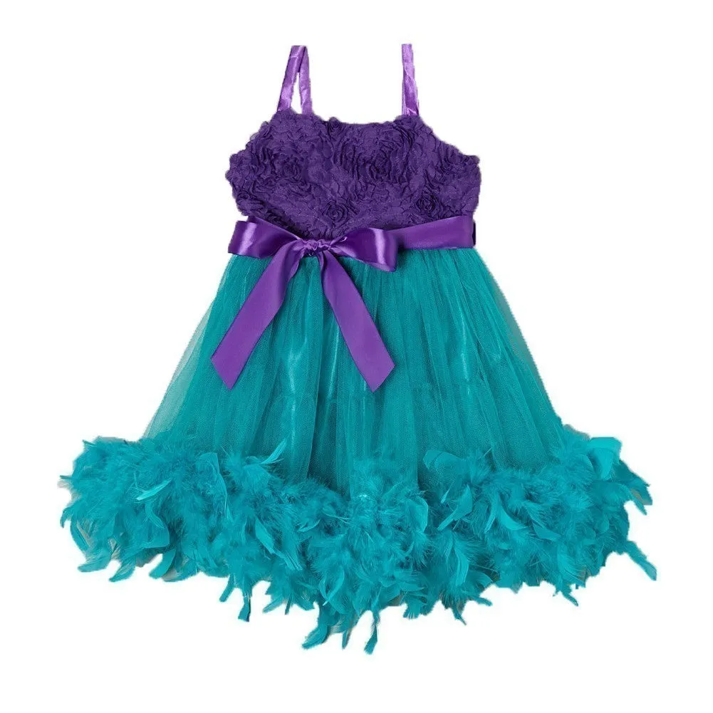 Little Girl Turquoise Purple Feathers Bow Frilly Mermaid Dress 0-7