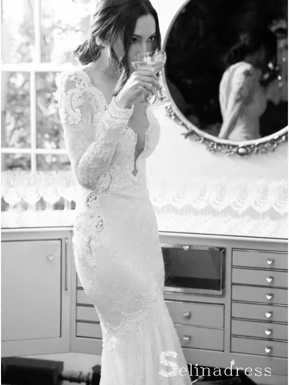 Long Sleeve Wedding Dresses Mermaid Floor-length Romantic Lace Bridal Gown SEW036