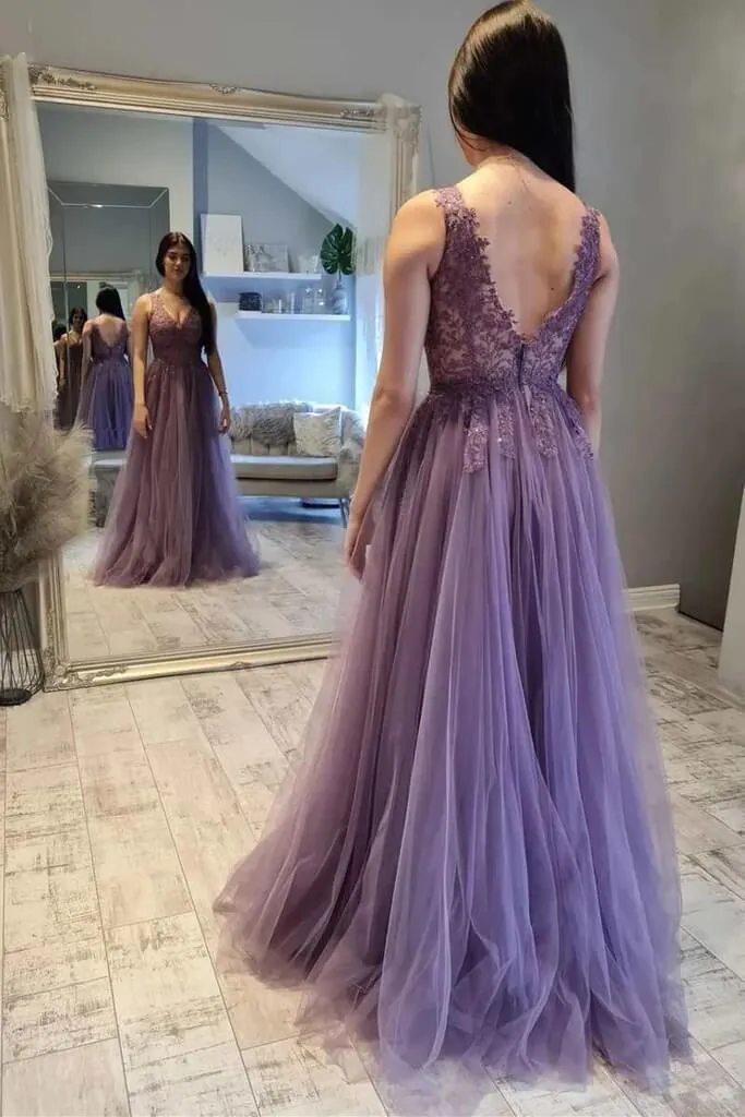 Mauve Tulle A-line Lace V-neck Floor Length Prom Dresses, Evening Dress, SP912