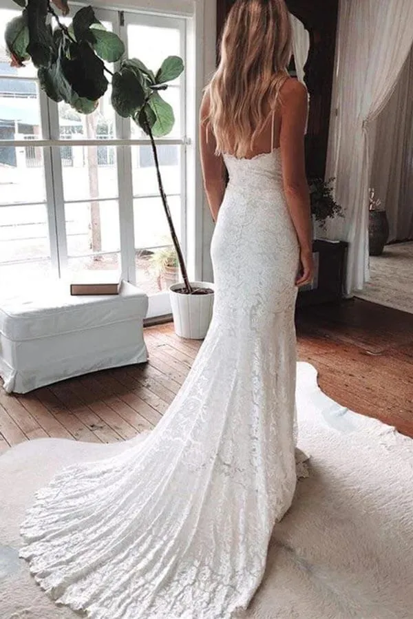 Mermaid Lace Spaghetti Straps Wedding Dresses With Train, Bridal Gown, SW623