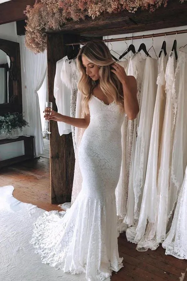 Mermaid Lace Spaghetti Straps Wedding Dresses With Train, Bridal Gown, SW623