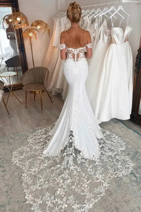 Mermaid Satin Off-the-Shoulder Wedding Dresses With Lace Appliques, SW634