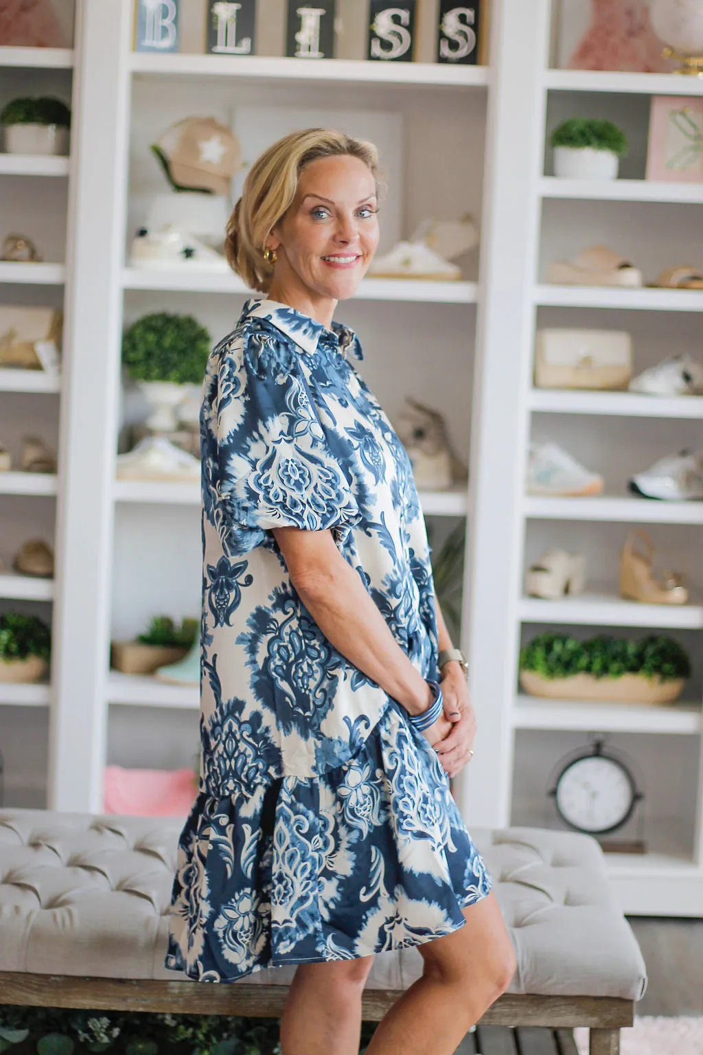 Navy Paisley Print Collared Dress