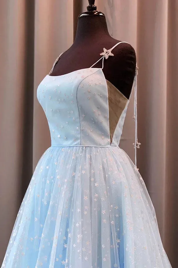 New Arrival Light Blue Beautiful Tulle A-Line Spaghetti Straps Prom Dress With Stars, SP599