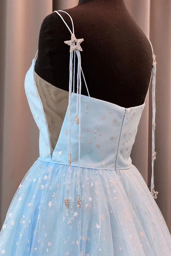 New Arrival Light Blue Beautiful Tulle A-Line Spaghetti Straps Prom Dress With Stars, SP599